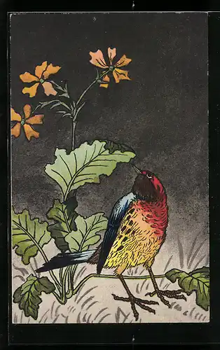 Künstler-AK Bunter Vogel unter einer Feldblume
