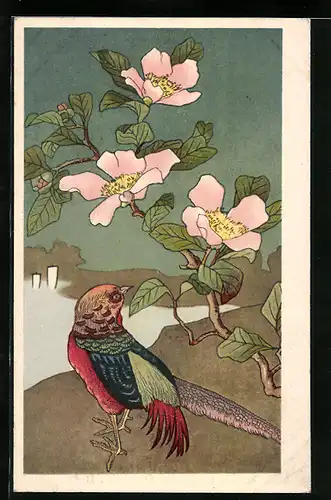 Künstler-AK Vogel an einem Blütenzweig, Japanische Kunst
