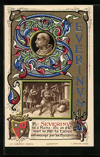 Lithographie Papst Severin, Portrait, Wappen, Historische Szene