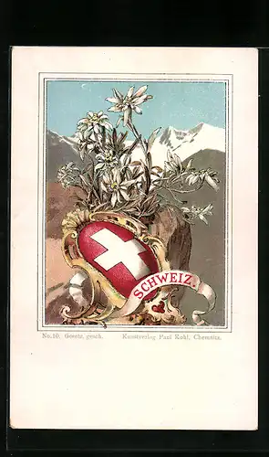 Lithographie Schweiz, Wappen mit Edelweiss