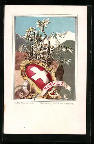 Lithographie Schweizer Wappen mit Edelweiss