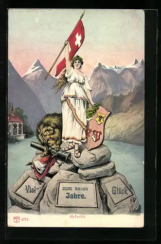 Künstler-AK Schweiz, Helvetia mit Flagge und Wappen, Löwe