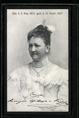 AK Die Königin von Sachsen, elegant mit Perlenkette, 1833-1907