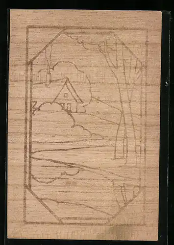 Holzbrand-Imitations-AK Landschaft mit einsamer Hütte