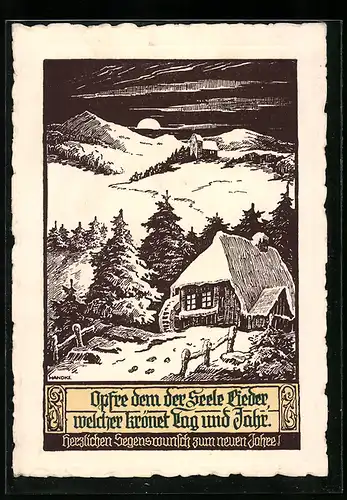 Künstler-AK sign. Handke: Winterlandschaft an einem Haus mit Wasserrad, Herzlichen Segenswunsch zum neuen Jahre