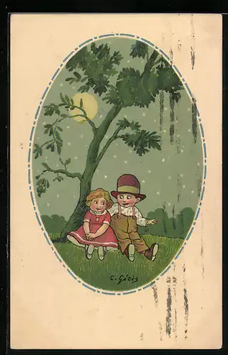 Künstler-AK sign. C. Giris: Kleines Pärchen sitzt schüchtern unterm Vollmond beisammen