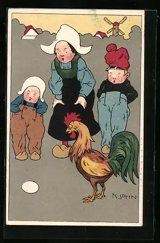 Künstler-AK sign. K. John: Holländerin in Tracht, Jungen und Hahn betrachten neugierig ein Ei