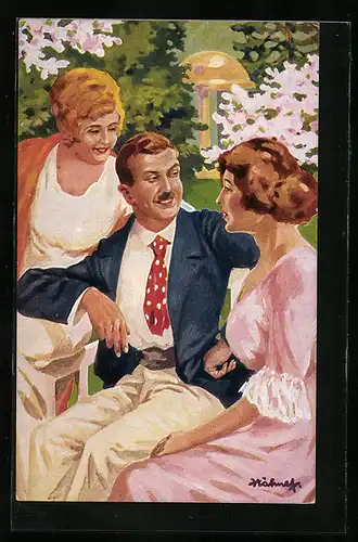 Künstler-AK sign. Hähnel: Zwischen zwei Frauen