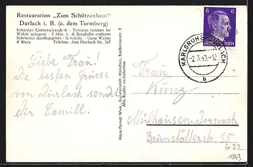 AK Durlach a. B., Restauration zum Schützenhaus, Aussenansicht