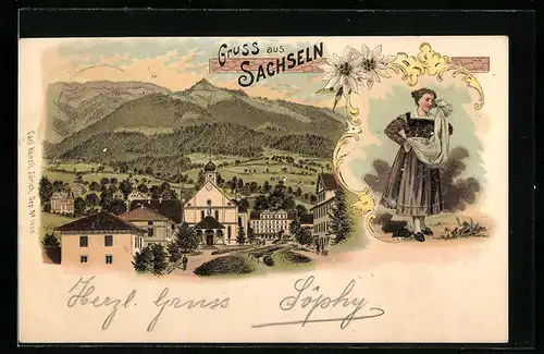 Lithographie Sachseln, Teilansicht mit Kirche, Dame in Tracht mit Edelweiss