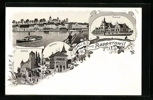 Lithographie Rapperswil, Schloss, Rathaus, Ansicht vom Bahnhof