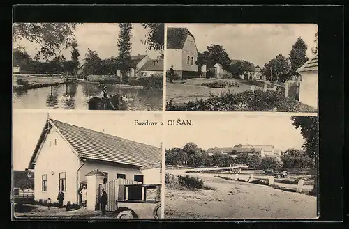 AK Olsany, Schwanenteich, Vor einem Wohnhaus, Ortspartien