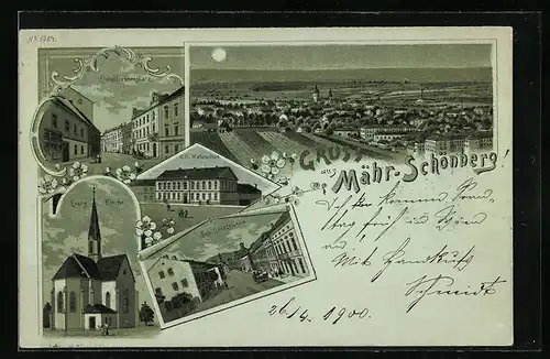 Mondschein-Lithographie Mähr. Schönberg, Eichelbrennerplatz, K. K. Webeschule, Schillerstrasse