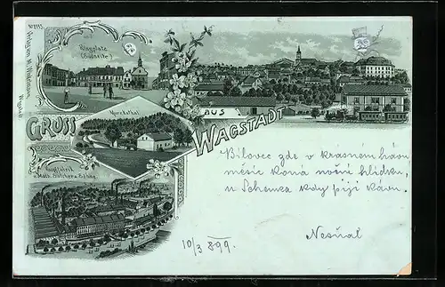 Mondschein-Lithographie Wagstadt, Ringplatz, Knopffabrik von Mat. Salcher & Söhne, Murzkathal