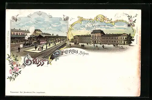 Lithographie Prerau, Nordbahnhof mit Dampfzug