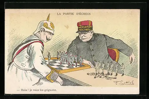 Künstler-AK Kaiser Wilhelm II. spielt Schach gegen einen französischen General