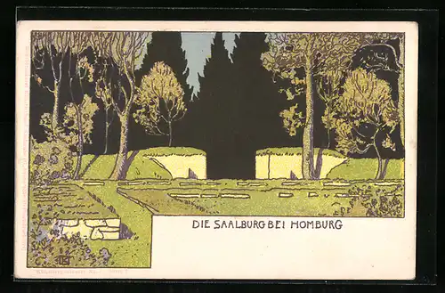 AK Homburg, Ruinen der Saalburg, Jugendstil, Künstlerbund Karlsruhe