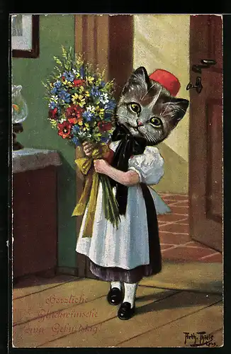Künstler-AK Arthur Thiele: Katzenmädchen in Tracht mit Blumen, vermenschlichte Tiere, Geburtstagsgruss