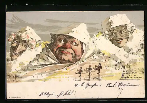 Künstler-AK sign. E. Hansen / E. Nolde: Jungfrau, Mönch & Eiger, Berg mit Gesicht / Berggesichter