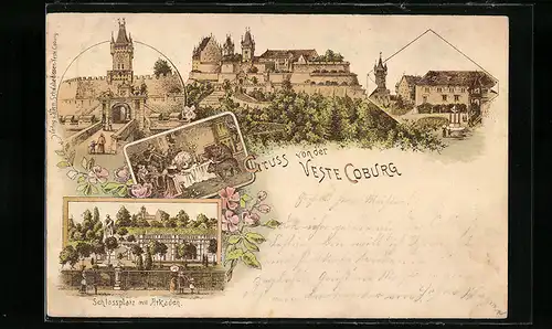 Vorläufer-Lithographie Coburg, 1895, Schlossplatz mit Arkaden, Ansichten vom Schloss