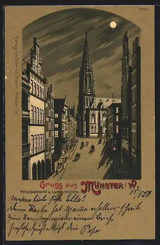Mondschein-Lithographie Münster i. W., Prinzipalmarkt und Lambertikirche im Vollmondlicht