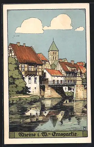 Steindruck-AK Rheine i.W., Emspartie mit Brücke