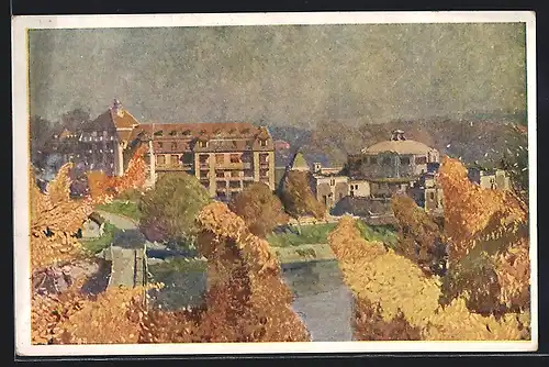 Künstler-AK Piestany, Kuranstalten im Herbst