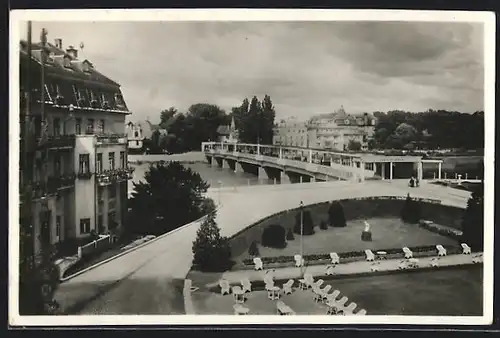 AK Piestany, Brückenkolonnade mit Thermia-Garten