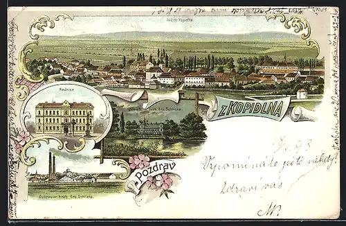 Lithographie Kopidlno, Radnice, Zámek hrab. Erv. Schlicka, Cukrovar hrab. Erv. Schlicka