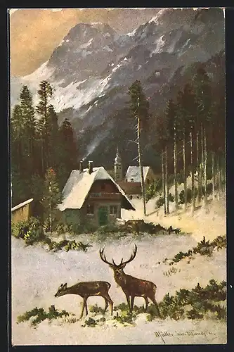 Künstler-AK M. Müller jun.: Hirsche vor Ortschaft