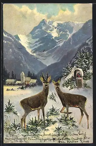 Künstler-AK M. Müller jun.: Rehe in der Winterlandschaft