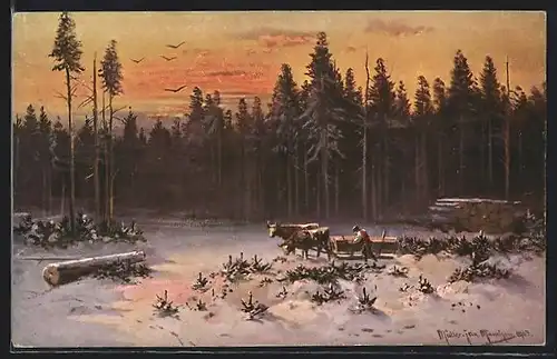 Künstler-AK M.Müller jun.: Arbeiter mit Ochsengespann im Winterwald