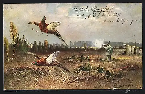 Künstler-AK M. Müller jun.: Jäger erlegt einen Fasan