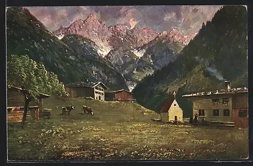 Künstler-AK M. Müller jun.: Berglandschaft mit weidenden Kühen