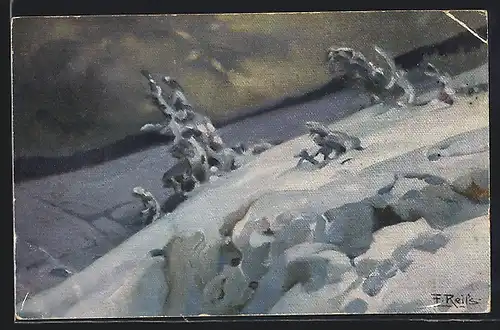 Künstler-AK Fritz Reiss: Schneegetöber in den Bergen