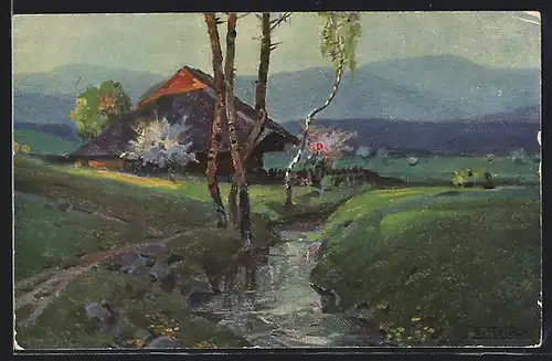 Künstler-AK Fritz Reiss: Frühling im Schwarzwald, Haus am Bach