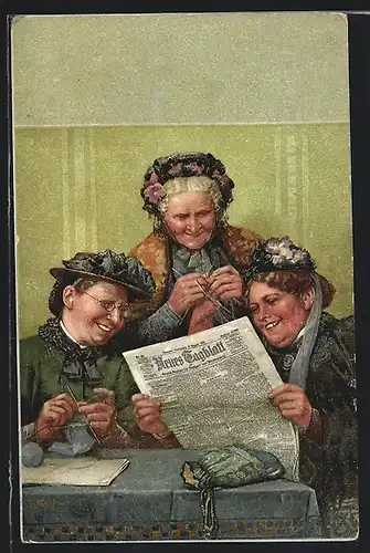 Künstler-AK Drei Damen lesen die Zeitung Neues Tagblatt