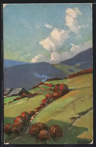 Künstler-AK Fritz Reiss: Herbst im Schwarzwald, Einsames Häuschen auf dem Hang