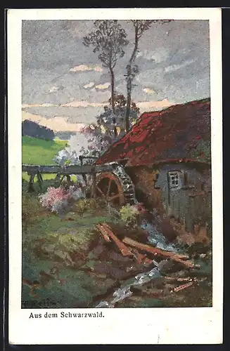 Künstler-AK Fritz Reiss: Wassermühle im Schwarzwald