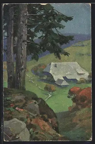Künstler-AK Fritz Reiss: Haus in Schwarzwaldlandschaft