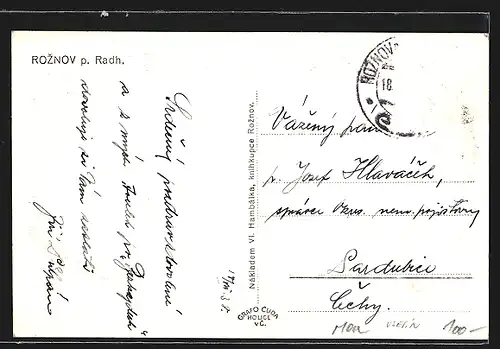 AK Roznov p. Radh., Ortsansicht mit Fussballfeld und Kirche