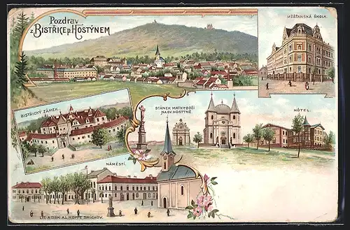 Lithographie Bystrice pod Hostynem / Bistritz am Hostein, Kirche und Hotel, Mestanská Skola