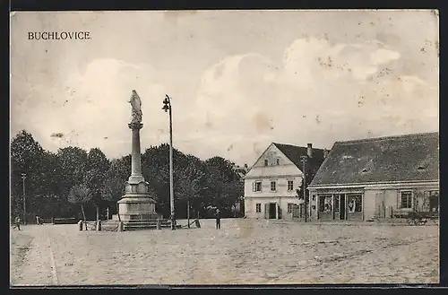 AK Buchlovice, Ortspartie mit Denkmal