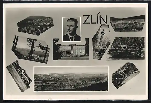 AK Zlin, Ortspartie mit grossem Gebäude, Blick auf Turm