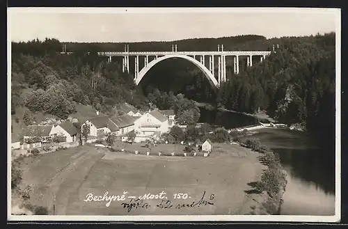 AK Bechyne, Most, Ortsansicht mit Brücke