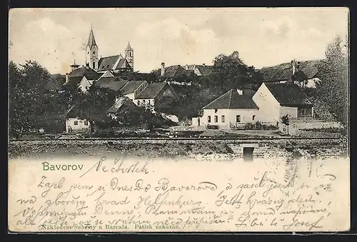 AK Bavorov, Blick auf den Ort und die Kirche