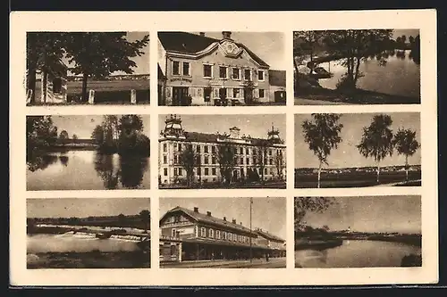 AK Veseli n. Luz. II, der Bahnhof, Stadtpanorama, am Gedenkstein, Wasserlauf, Birkenallee