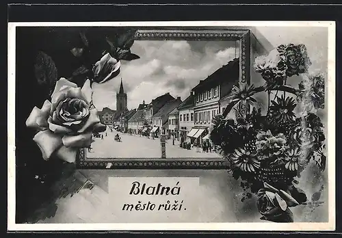 AK Blatná, Mesto ruzi, Strassenpartie mit Kirche
