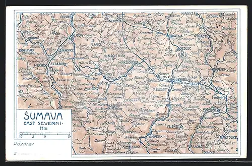 AK Susice na Sumave, Geografische Karte vom nördlichen Teil des Böhmerwaldes