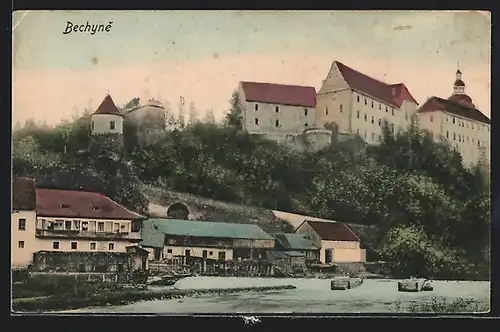 AK Bechyne, Ortspartie mit Schlossanlagen und Häusern